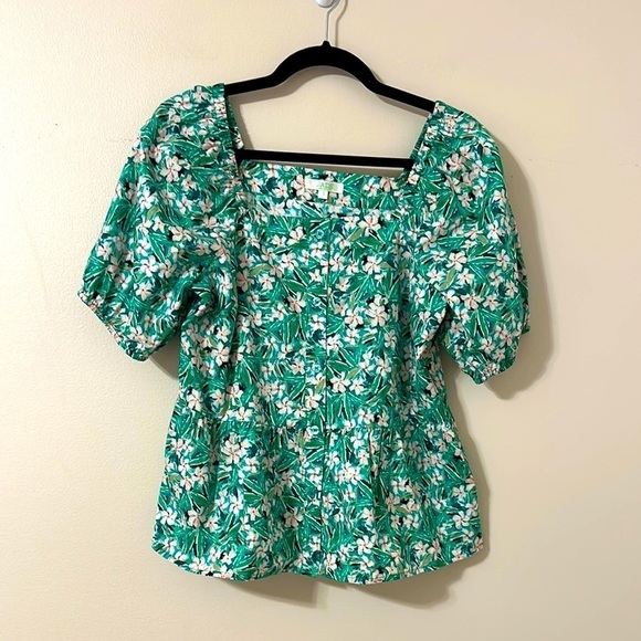 Jade Tops - Jade Womens Green Floral Print Puff Sleeve Linen Blend Top Sz Small Preppy Chic